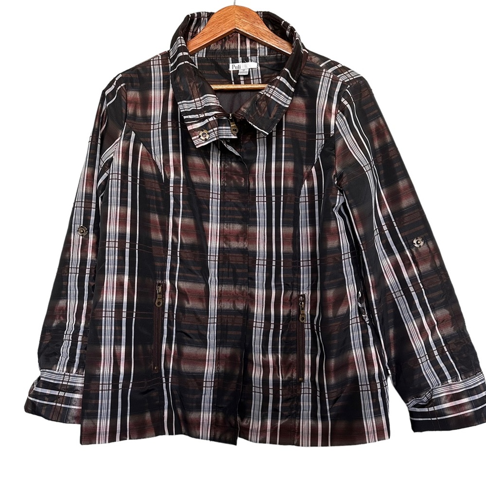 Puli Women’s Sz M Plaid Jacket Zip Snap Lined Roll Tab Sleeve
